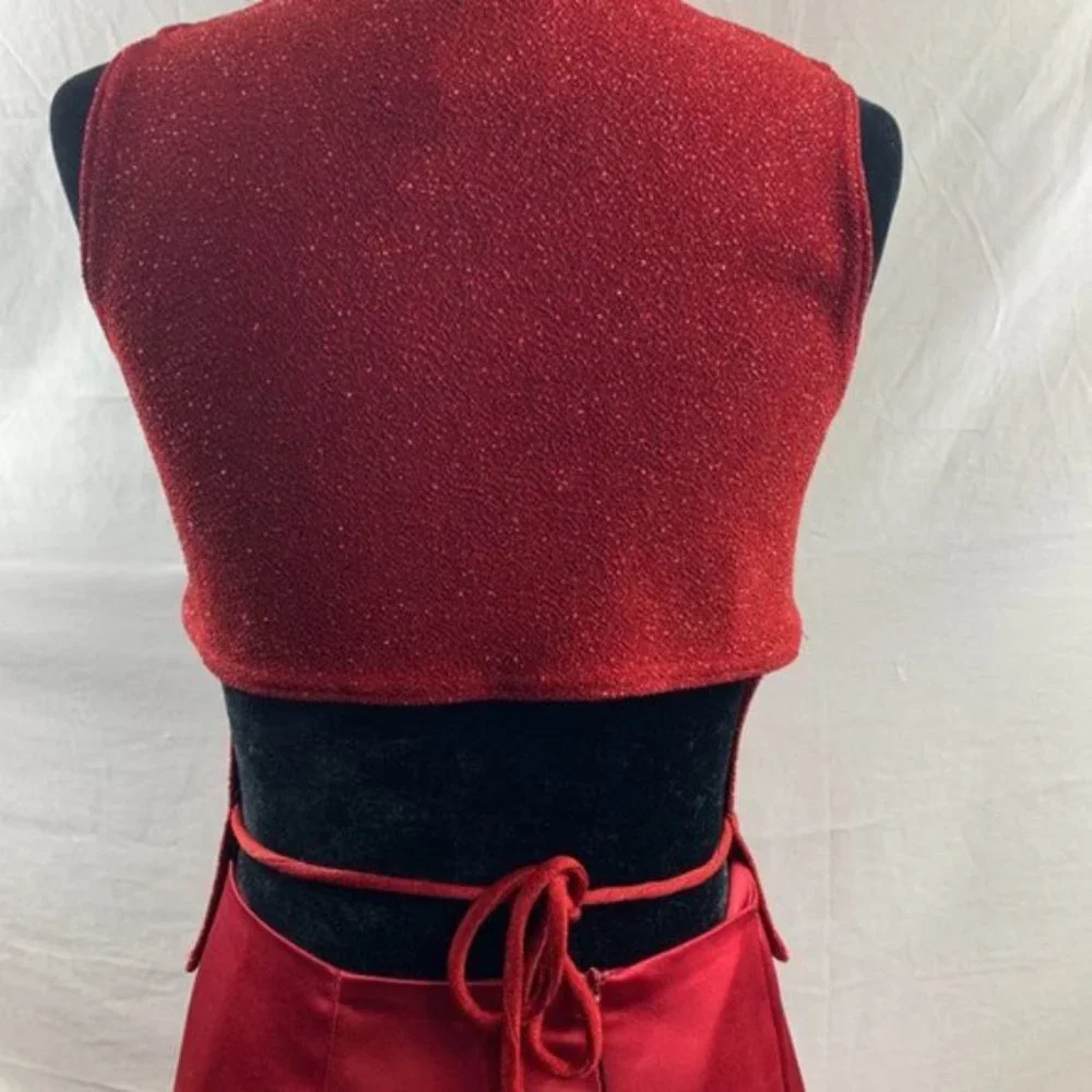 Burgundy  Evening Satin Skirt And Open Tie Back Glitter Top - Picture 5 of 5